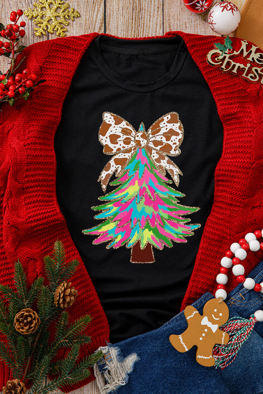 Black Heat Transfer Printing Christmas Tree Bowknot T-Shirt