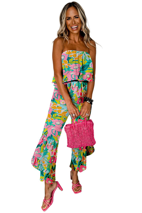 Green Mix Tropical Print Strapless Ruffled Jumpsuit