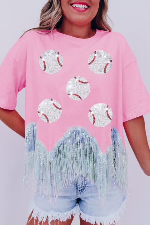 Pink Fringed Sequin Baseball Crop T Shirt