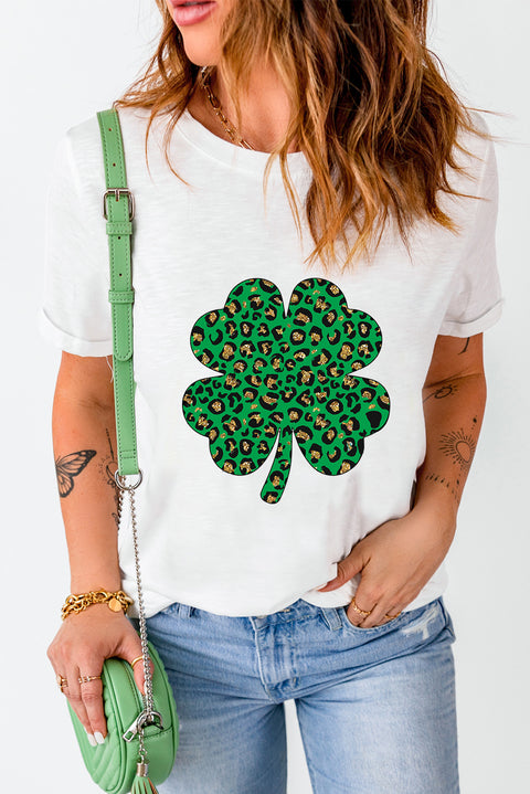 White Leopard Four Leaf Clover Graphic Tee