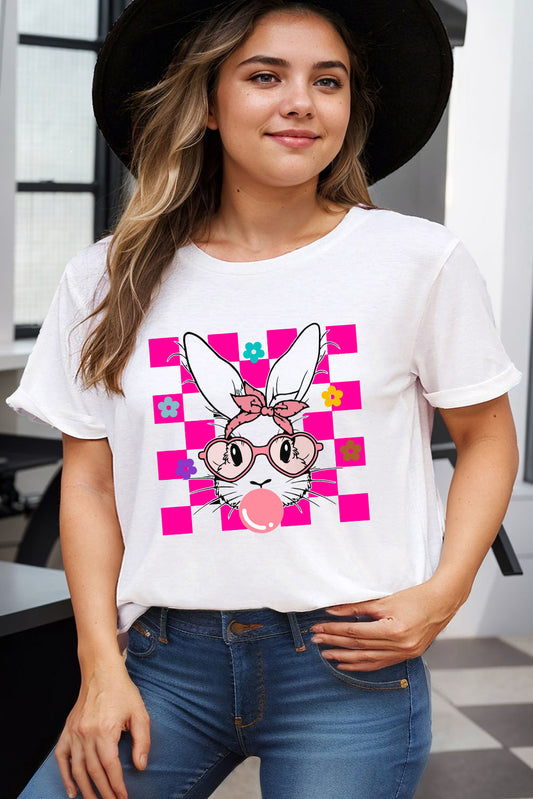 White Bubblegum Easter Rabbit Checker Flower Graphic Plus Tee