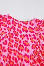 Pink Leopard Print Elasticated V Neck 3/4 Puff Sleeve Dress