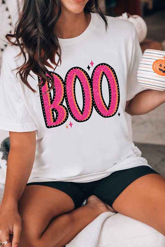 White BOO Crew Neck Graphic T Shirt