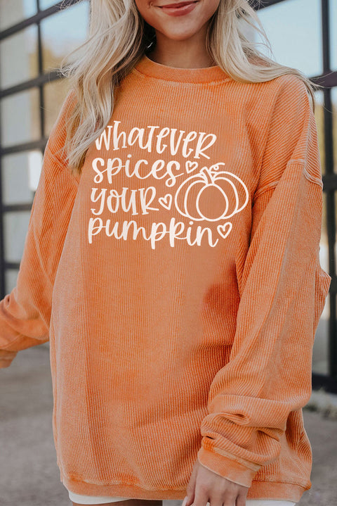 '-3 Pumpkin Letter Print Oversized Corduroy Sweatshirt