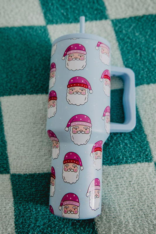 Light Blue Christmas Santa Claus Print Handle Large Tumbler