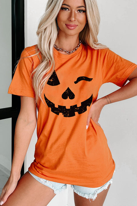 Camiseta con cuello redondo y estampado de cara de calabaza de Halloween naranja