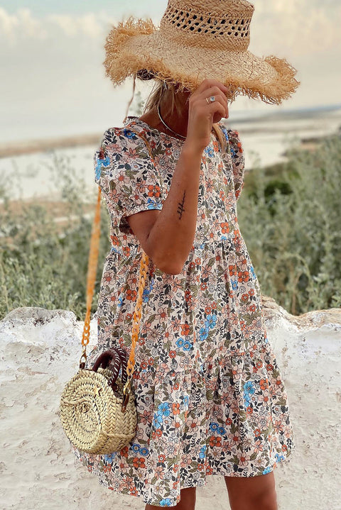 Apricot Bohemian Floral Print Short Puff Sleeve Mini Dress