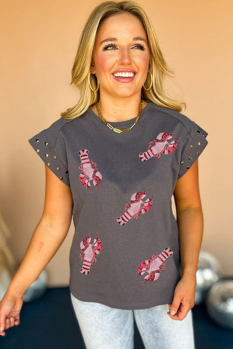 Dark Grey Sequin Crayfish Studded Cuff Crewneck T Shirt