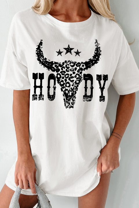 White HOWDY Cheetah Steer Head Print Oversized T Shirt