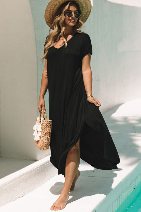 Black V Neck Hidden Pocket Splits Maxi T-shirt Dress