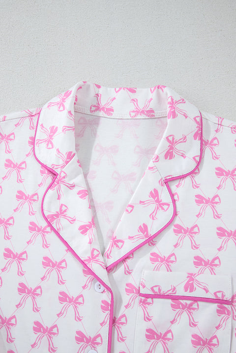 Pink Bowknot Printed Short Sleeve and Ruffled Shorts Valentines Pajama Set