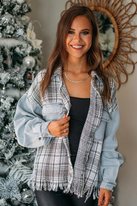 Plaid Patchwork Fringed Flap Pockets Denim Jacket