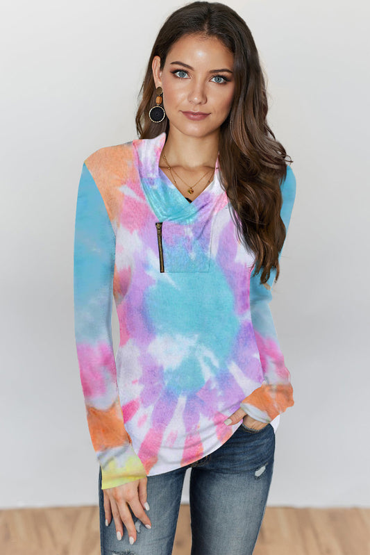 Tie-dye Print Zipper Pullover Top