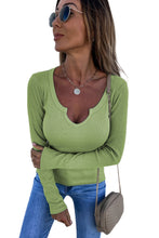 Khaki Split Round Neck Ribbed Knit Top