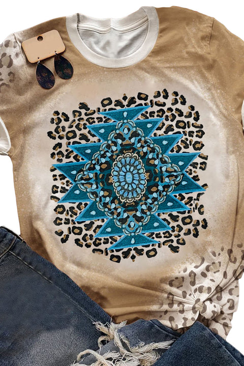 Khaki COWGIRL Cow Leopard Print Short Sleeve T Shirt