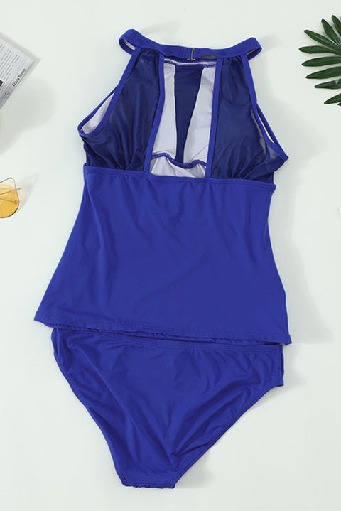 Traje de baño tankini fruncido de malla con cuello alto y escote pronunciado