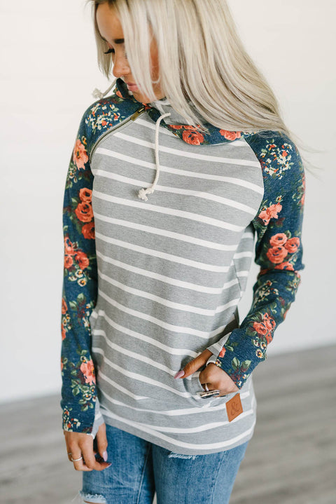 Sudadera con capucha y cremallera de manga larga con estampado floral a rayas