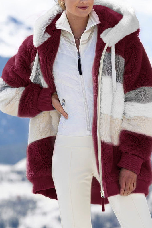 Wine Red Colorblock Zip Up Sherpa Coat with Hooded