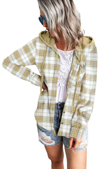 Khaki Drawstring Plaid Hooded Shirt Coat