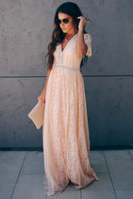 Burgundy Deep V Neck Short Sleeve Lace Maxi Dress