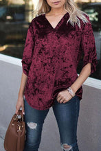 V Neck Roll-tab Sleeve Velvet Top