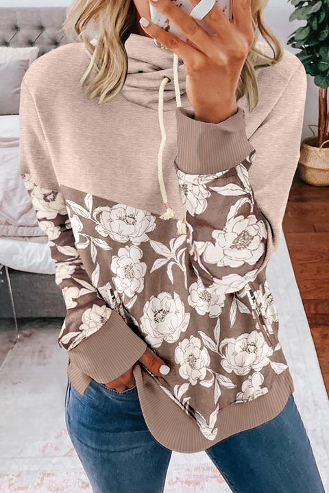 Floral Splicing Cowl Neck Hoodie