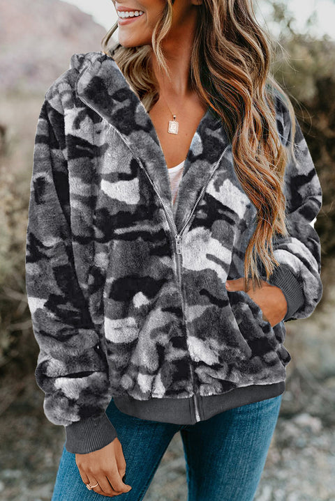 Camo Print Zipper Fleece Hooded Coat with Pockets