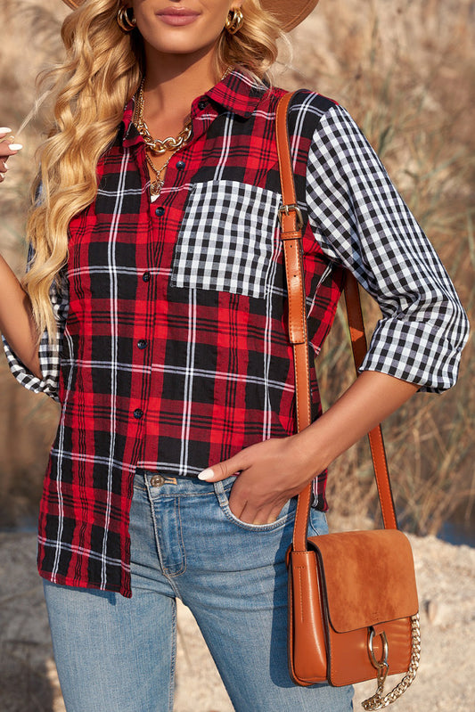 Camisa de manga larga con cuello vuelto y bolsillos a cuadros con empalme a cuadros