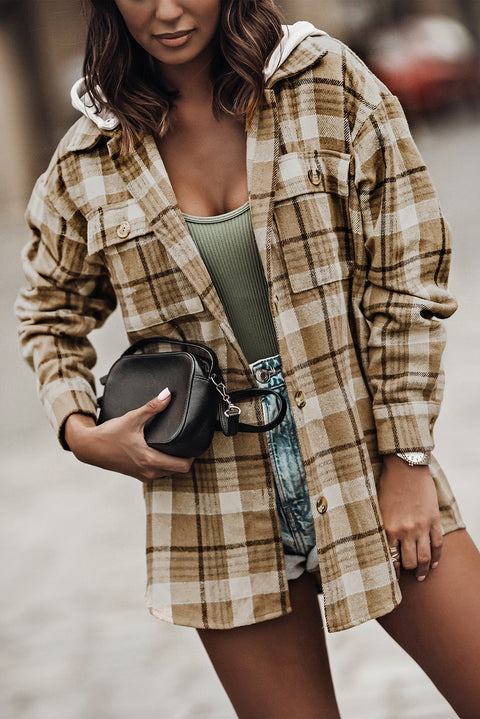 Khaki Plaid Shirt Hooded Coat