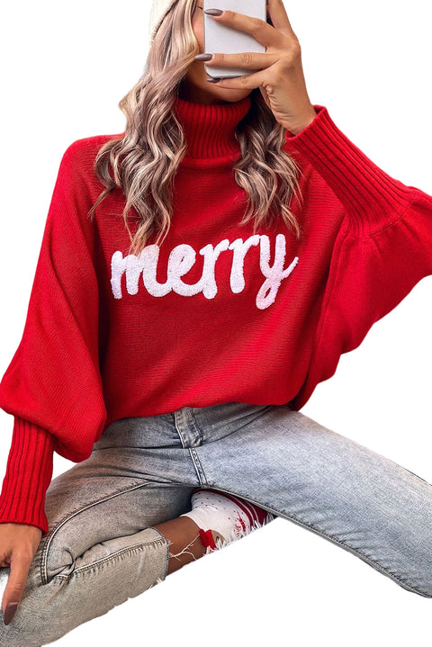 Merry Letter Embroidered High Neck Sweater