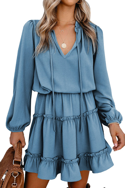 V Neck Long Sleeve Ruffle Tiered Mini Dress