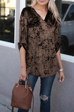 V Neck Roll-tab Sleeve Velvet Top