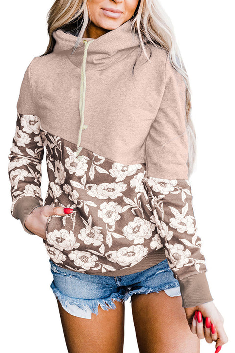 Sudadera con capucha y cuello vuelto con empalme floral