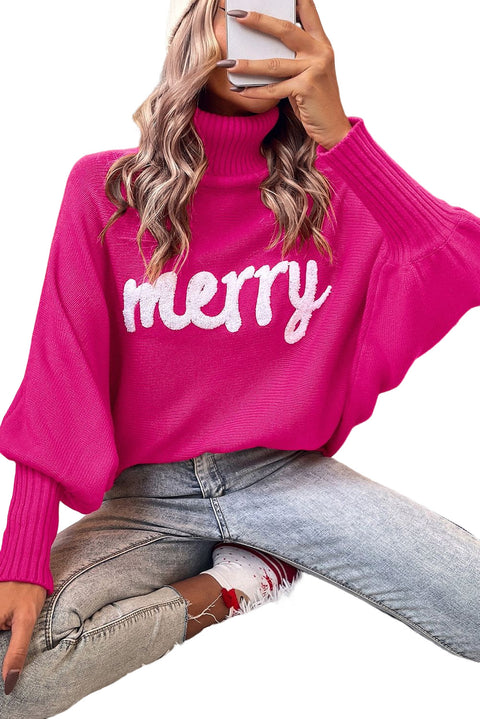 Merry Letter Embroidered High Neck Sweater