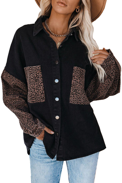 Sky Blue Contrast Leopard Denim Jacket