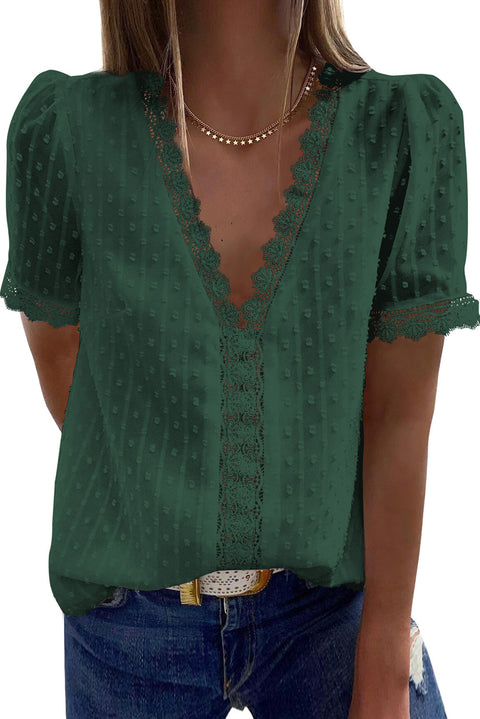 Lace Splicing V-Neck Swiss Dot Short Sleeve Top