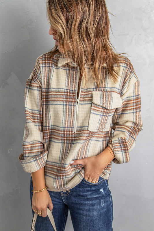 Chest Pocket Plaid Half Zip Sweatshirt