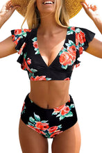 Floral Ruffled Hem High Waist Bikini Set