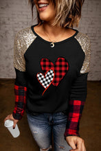 Crewneck Lantern Sleeve Plaid Sequin Splicing Pullover Sweatshirt