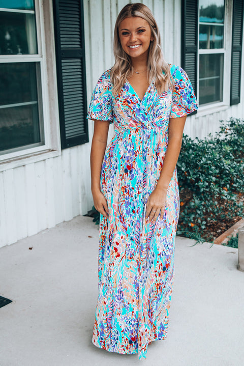 Wrap V Neck Floral Maxi Dress