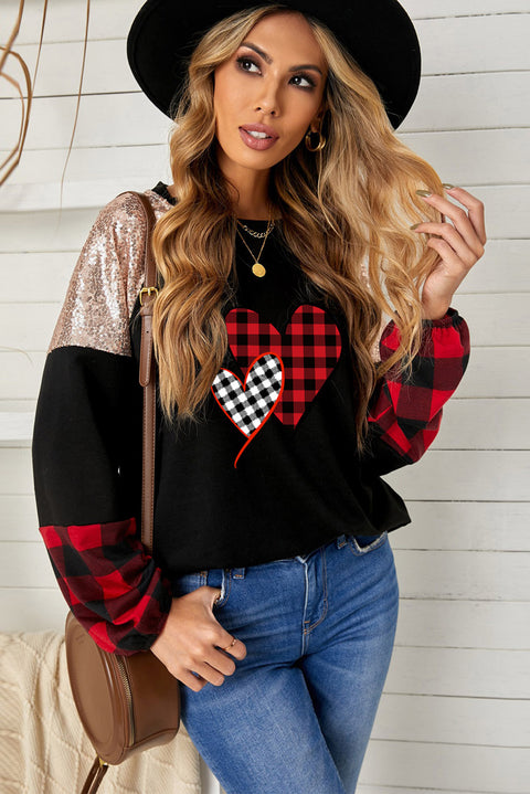 Crewneck Lantern Sleeve Plaid Sequin Splicing Pullover Sweatshirt