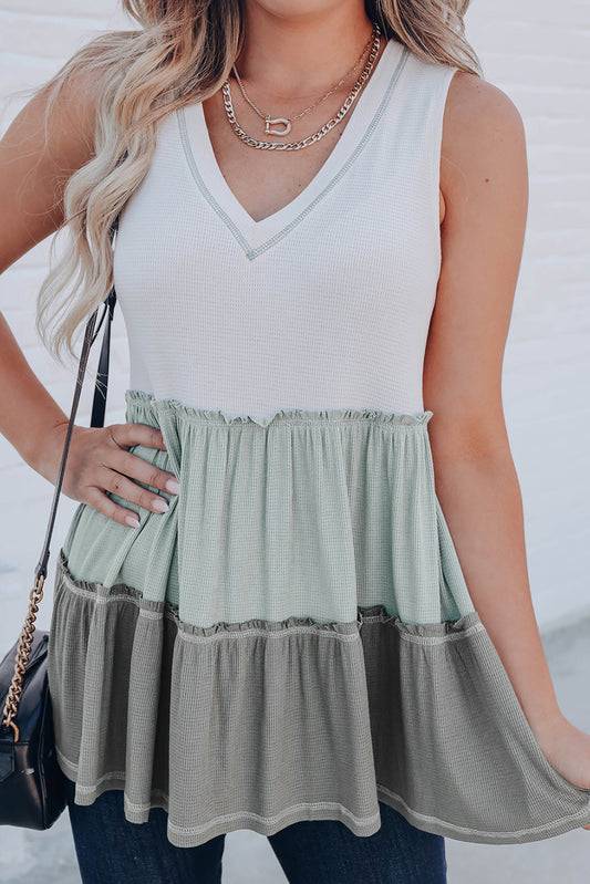 Ruffled V Neck Color Block Tank Top