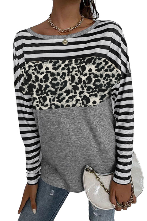 Striped Leopard Block Splicing Long Sleeve Top