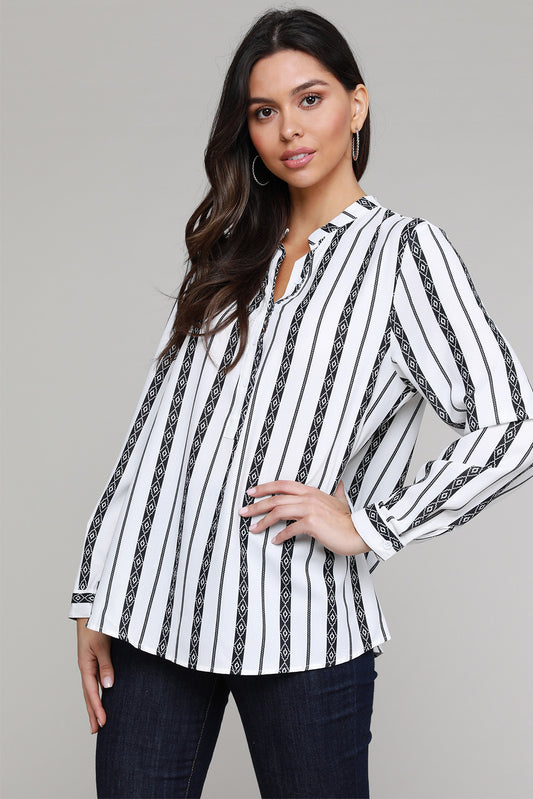 V Neck Striped Button Down Blouse