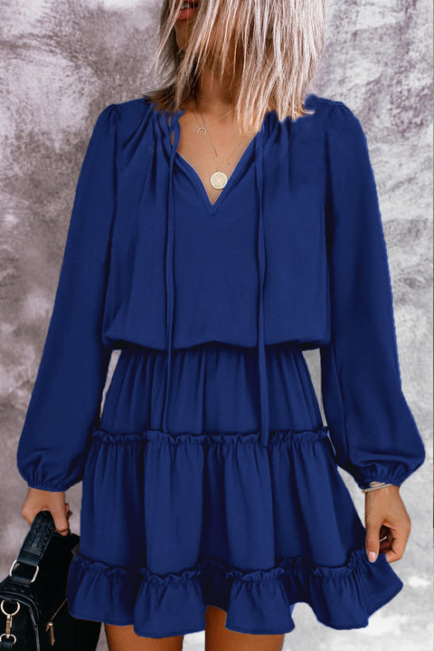 V Neck Long Sleeve Ruffle Tiered Mini Dress