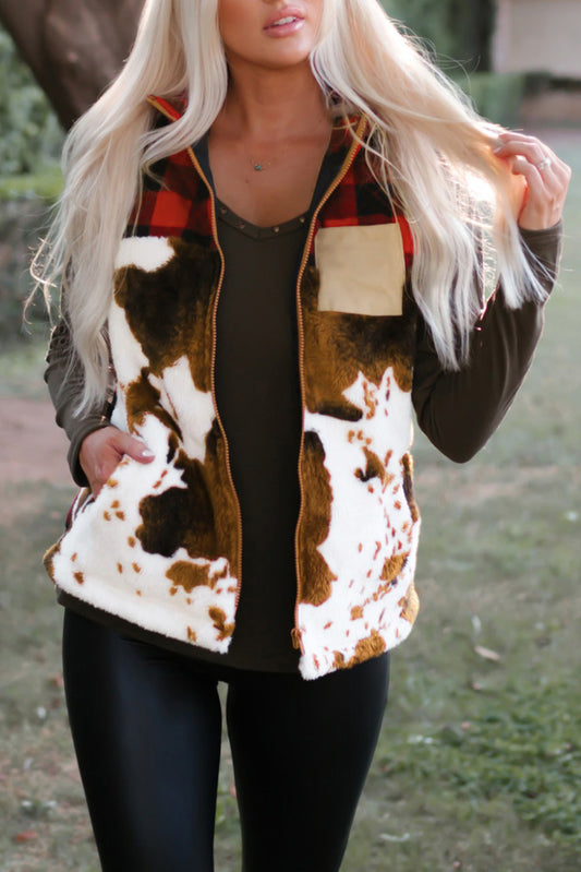 Cow Print Buffalo Plaid Pocket Vest Coat