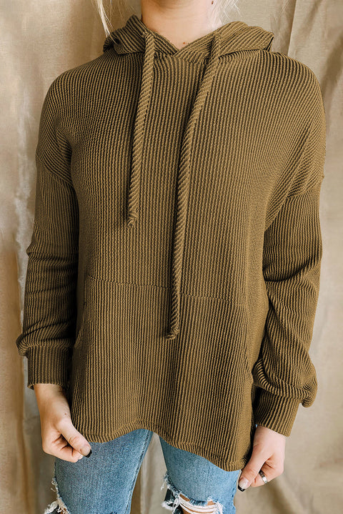 Ribbed Drawstring Pullover Hoodie with Kangaroo Pocket