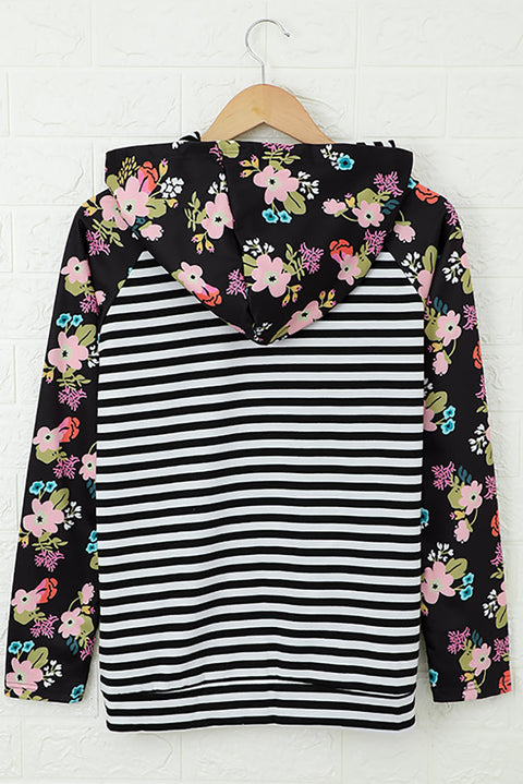 Sudadera con capucha y cremallera de manga larga con estampado floral a rayas