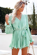 Pleated Ruffled Tie Waist Buttons V Neck Romper