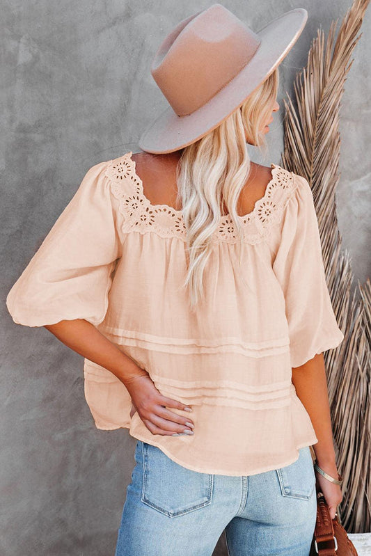 Beige Puff Sleeve Eyelet Babydoll Blouse - HannaBanna Clothing